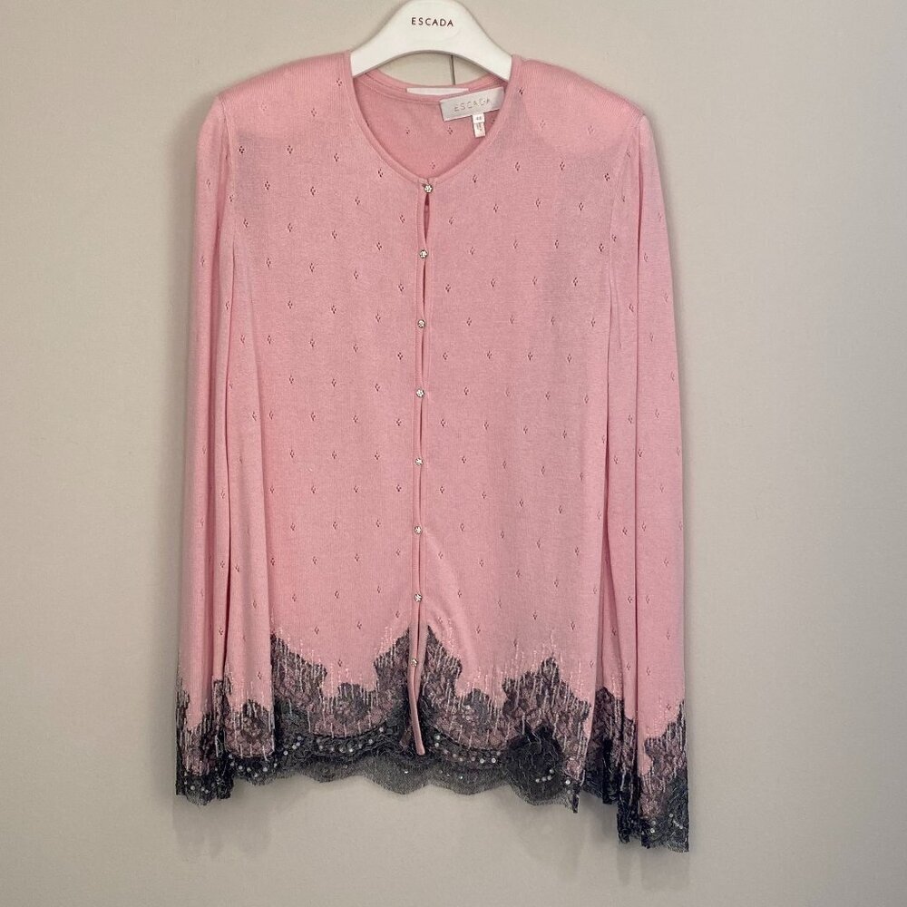 90s Vintage Escada Shell Pink Cardigan and Tank Top Set with Beaded Lace Fringe